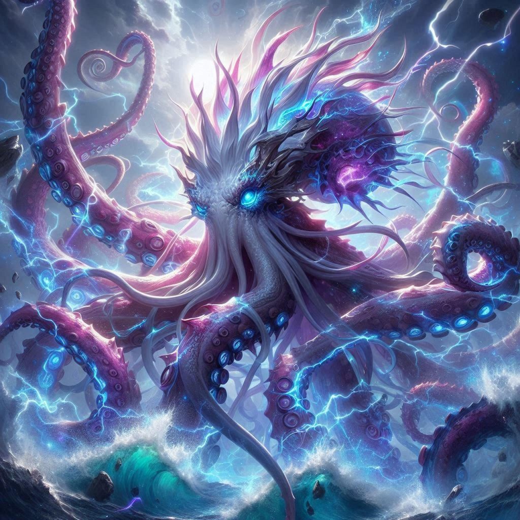 ai generated, octopus, kraken, glowing, fantasy, nature, background, animal