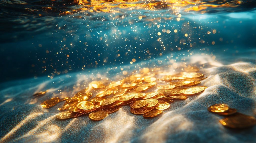 ai generated, gold, coins, underwater, treasure, ocean, money, wealth, sunken, fortune, sand, shiny, glowing, antique, discovery, deep sea, adventure, maritime, sparkling, mystery, history, luxury, nature, financial